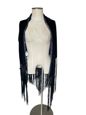 Vintage Bellissim Black Fringe Velvet Wrap Shawl